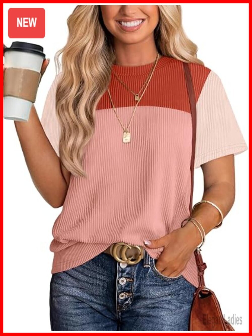 Color Block Knitted Short Sleeve Crewneck T-Shirt Casual Summer Top